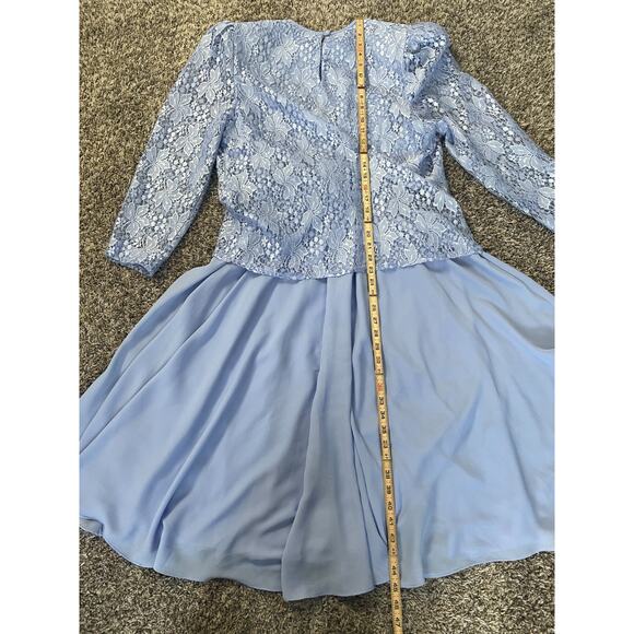 Vintage Cocktail Dress Size 14 Light Blue Lace Bow Puff Sleeve Formal Party Midi - Picture 14 of 16